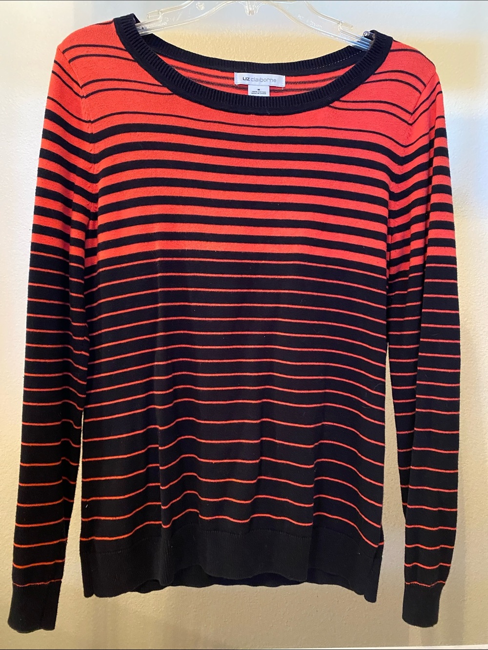 Women’s Medium Liz Claiborne Coral and Black Striped Crewneck Sweater